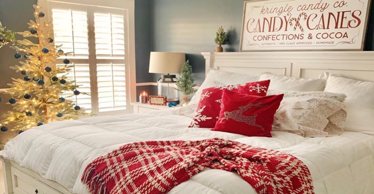 Traditional bedroom decorated for Christmas.